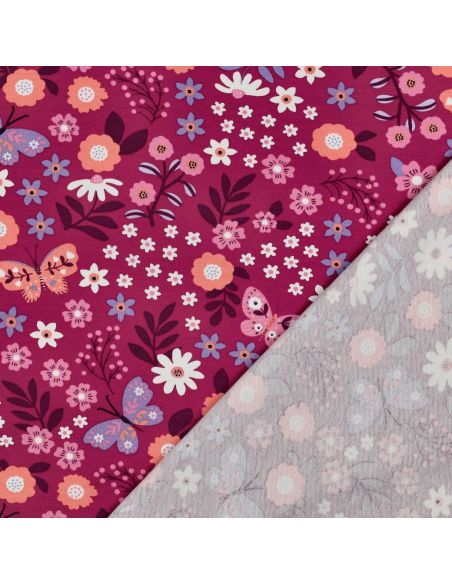 Tissu sweat léger papillon et fleur - Rose fond fuchsia