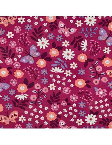 Tissu sweat léger papillon et fleur - Rose fond fuchsia