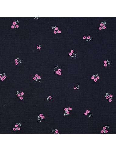 Tissu double gaze de coton brodé fleurs - Bleu marine