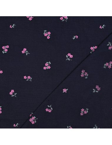 Tissu double gaze de coton brodé fleurs - Bleu marine