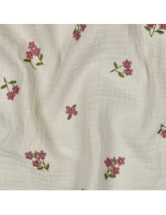 Tissu double gaze de coton brodé fleurs - Naturel 2