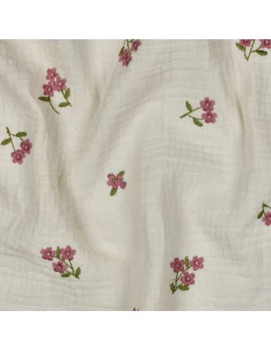 Tissu double gaze de coton brodé fleurs - Naturel