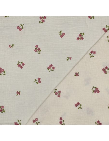 Tissu double gaze de coton brodé fleurs - Naturel