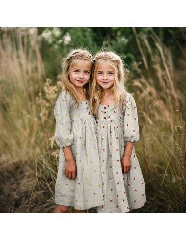 Tissu double gaze de coton brodé citrons - Naturel