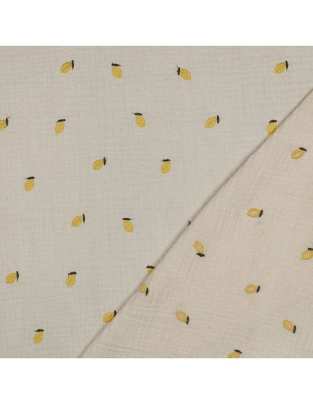Tissu double gaze de coton brodé citrons - Naturel