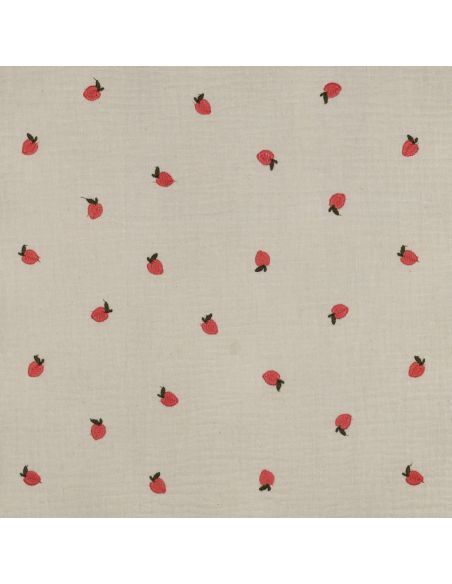 Tissu double gaze de coton brodé pêches - Naturel