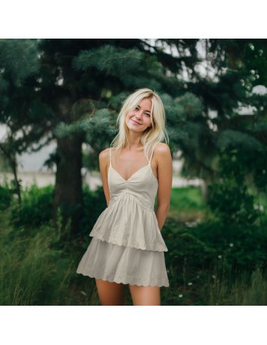 Tissu double gaze broderie anglaise festonnée - Naturel