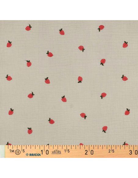 Tissu double gaze de coton brodé pêches - Naturel
