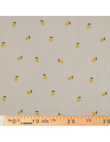 Tissu double gaze de coton brodé citrons - Naturel