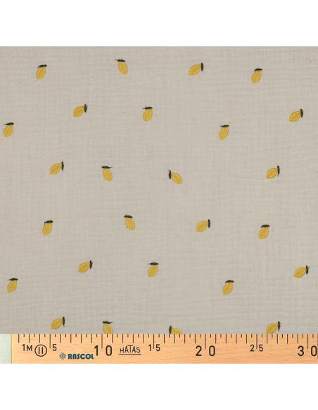 Tissu double gaze de coton brodé citrons - Naturel