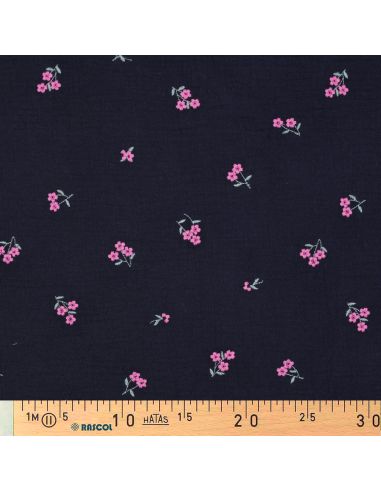 Tissu double gaze de coton brodé fleurs - Bleu marine