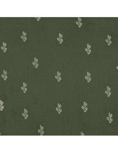 Tissu double gaze de coton brodé cactus - Kaki