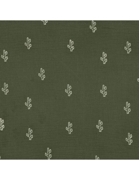 Tissu double gaze de coton brodé cactus - Kaki