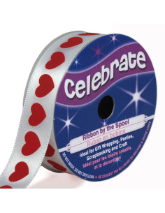 Cinta de satén Celebrate blanca con corazones rojos impresos - 16 mm x 4 metros
