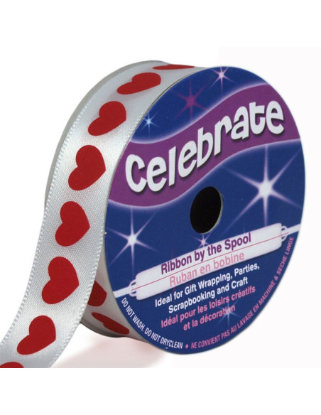Cinta de satén Celebrate blanca con corazones rojos impresos - 16 mm x 4 metros