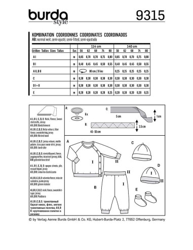 Patrón de gorro, pantalón y chaqueta sudadera - Burda 9315