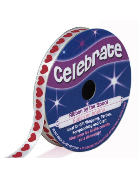 Cinta de satén Celebrate blanca con corazones fucsia impresa - 6 mm x 4 metros