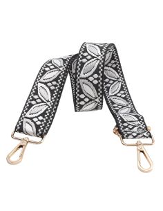 Sangle de sac avec mousquetons - Feuilles blanche fond noir