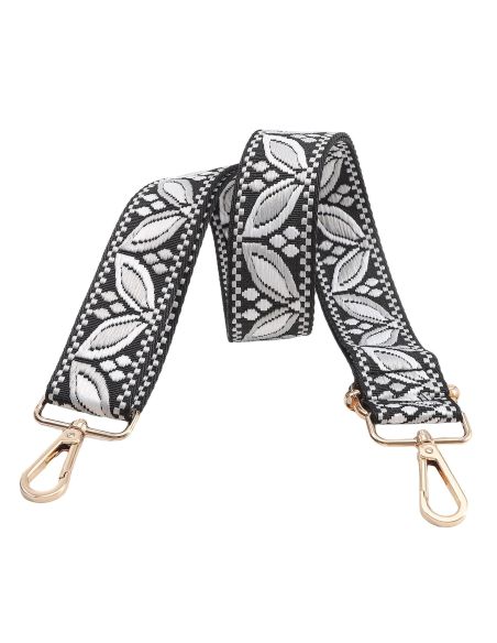 Sangle de sac avec mousquetons - Feuilles blanche fond noir