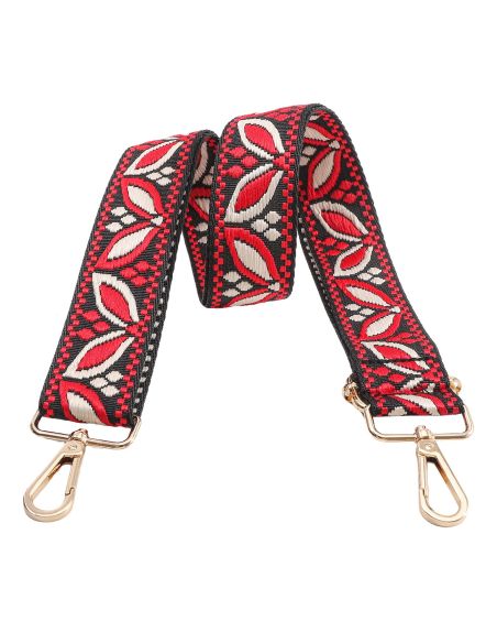 Sangle de sac avec mousquetons - Feuilles rouge fond noir