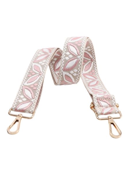 Sangle de sac avec mousquetons - Feuilles rose fond beige