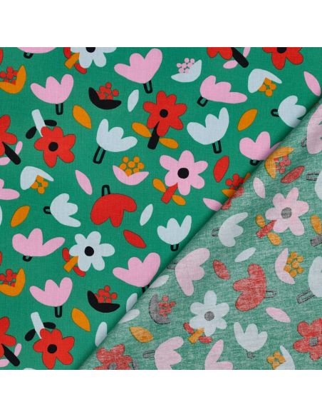 Tissu popeline de coton Jennifer Bouron - Fleurs rouge sur fond vert