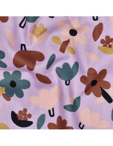 Tissu popeline de coton Jennifer Bouron - Fleurs marron sur fond parme