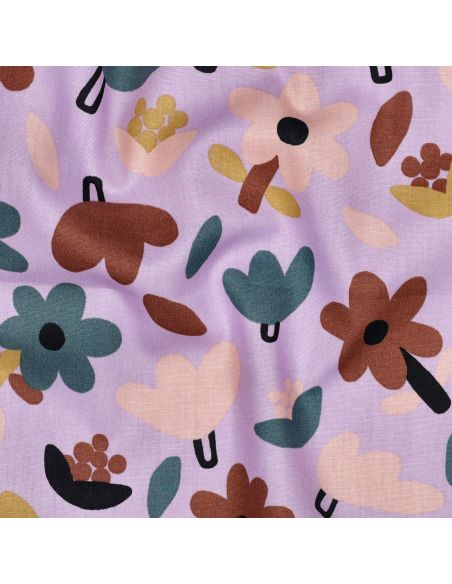 Tissu popeline de coton Jennifer Bouron - Fleurs marron sur fond parme