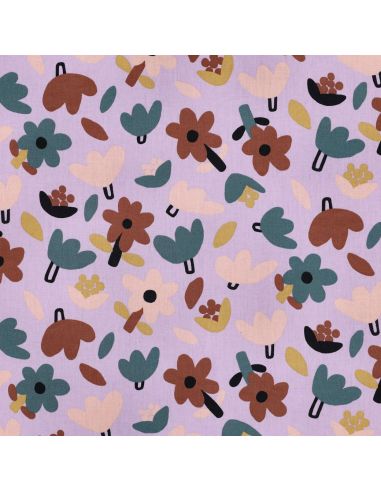 Tissu popeline de coton Jennifer Bouron - Fleurs marron sur fond parme
