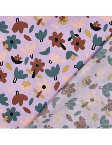 Tissu popeline de coton Jennifer Bouron - Fleurs marron sur fond parme