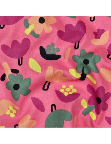 Tissu popeline de coton Jennifer Bouron - Fleurs verte sur fond rose