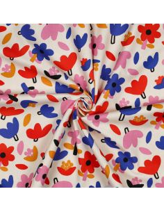 Tissu popeline de coton Jennifer Bouron - Fleurs bleu sur fond naturel