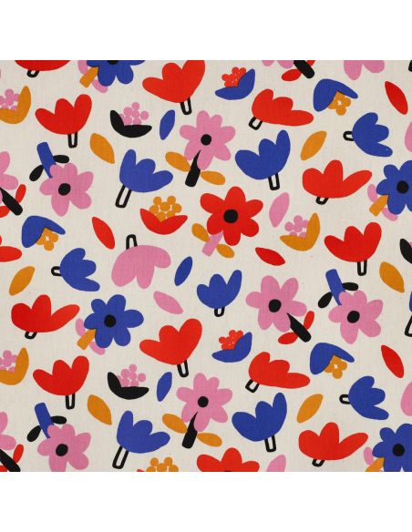 Tissu popeline de coton Jennifer Bouron - Fleurs bleu sur fond naturel