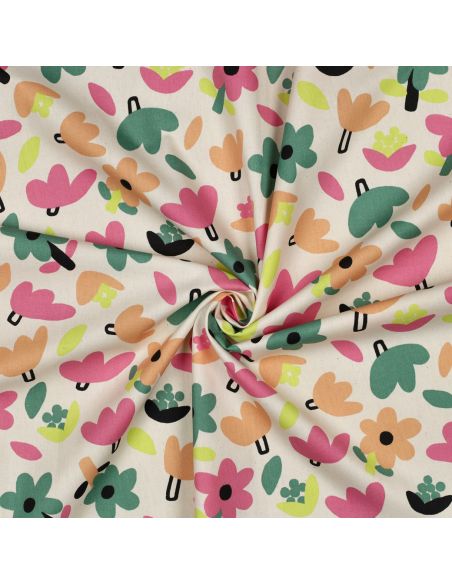 Tissu popeline de coton Jennifer Bouron - Fleurs rose sur fond naturel