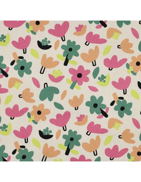 Tissu popeline de coton Jennifer Bouron - Fleurs rose sur fond naturel