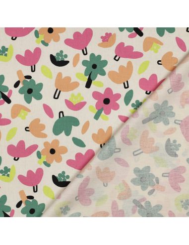 Tissu popeline de coton Jennifer Bouron - Fleurs rose sur fond naturel