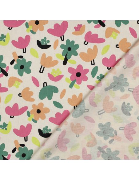 Tissu popeline de coton Jennifer Bouron - Fleurs rose sur fond naturel