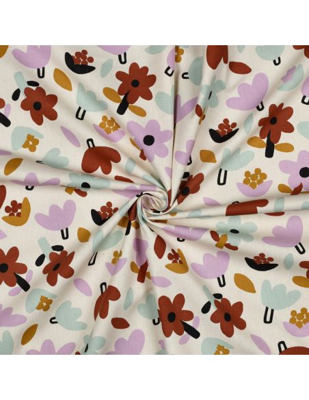 Tissu popeline de coton Jennifer Bouron - Fleurs marron sur fond naturel