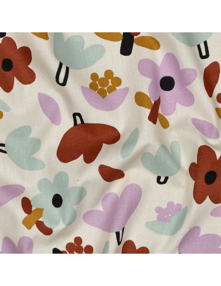 Tissu popeline de coton Jennifer Bouron - Fleurs marron sur fond naturel