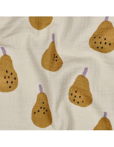 Tissu double gaze imprimé Jennifer Bouron - Poires ocre sur fond naurel