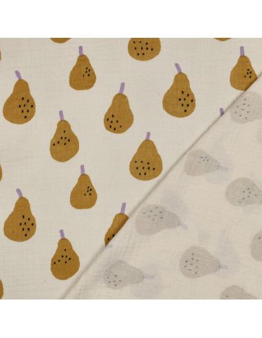 Tissu double gaze imprimé Jennifer Bouron - Poires ocre sur fond naurel