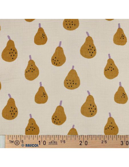 Tissu double gaze imprimé Jennifer Bouron - Poires ocre sur fond naurel