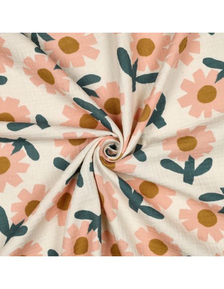 Tissu double gaze imprimé Jennifer Bouron - Fleurs pêche sur fond naturel