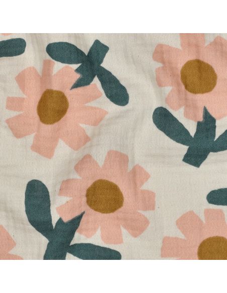 Tissu double gaze imprimé Jennifer Bouron - Fleurs pêche sur fond naturel