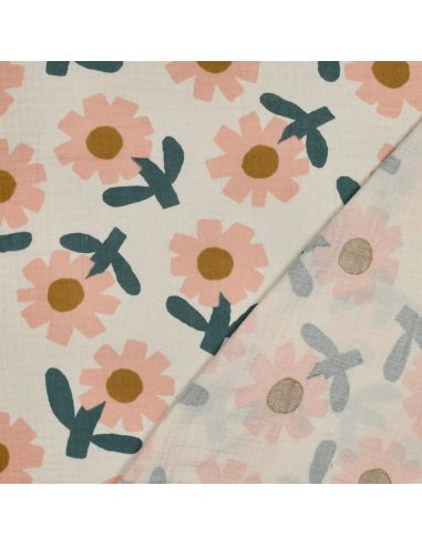 Tissu double gaze imprimé Jennifer Bouron - Fleurs pêche sur fond naturel
