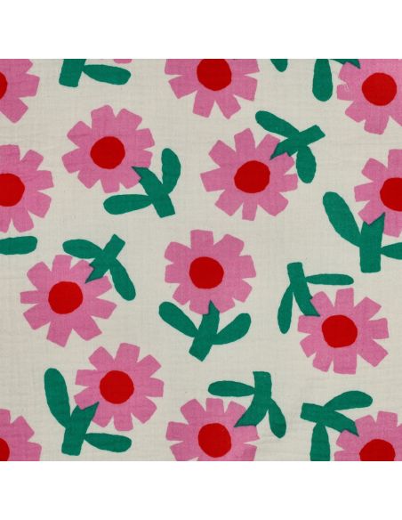 Tissu double gaze imprimé Jennifer Bouron - Fleurs roses sur fond naturel
