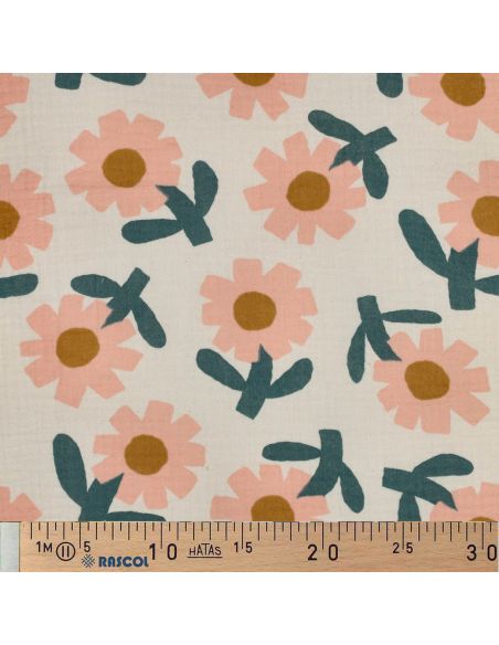 Tissu double gaze imprimé Jennifer Bouron - Fleurs pêche sur fond naturel