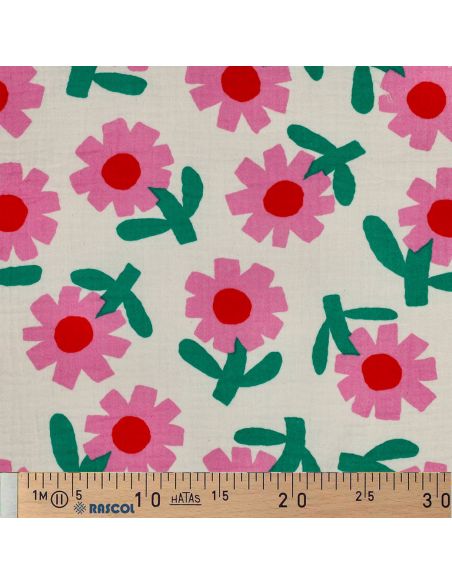 Tissu double gaze imprimé Jennifer Bouron - Fleurs roses sur fond naturel