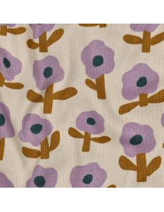 Tissu jersey coton maille côtelé Jennifer Bouron - Fleurs parme sur fond naturel 2