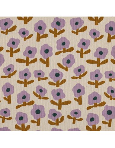 Tissu jersey coton maille côtelé Jennifer Bouron - Fleurs parme sur fond naturel